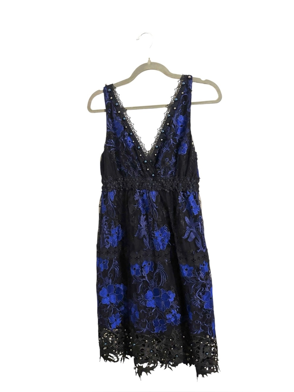 Elie Tahari Black Blue Lace Beaded Floral Dress Small